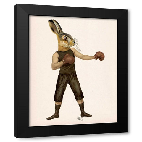 Boxing Hare Black Modern Wood Framed Art Print by Fab Funky