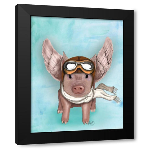 Aviator Piggy Black Modern Wood Framed Art Print by Fab Funky