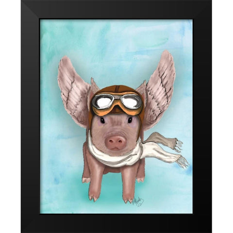 Aviator Piggy Black Modern Wood Framed Art Print by Fab Funky