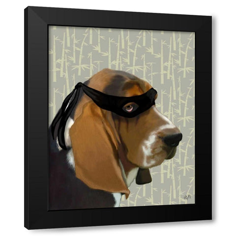 Ninja Basset Hound Dog Black Modern Wood Framed Art Print by Fab Funky