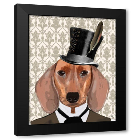 Dachshund Dog With Top Hat Black Modern Wood Framed Art Print by Fab Funky