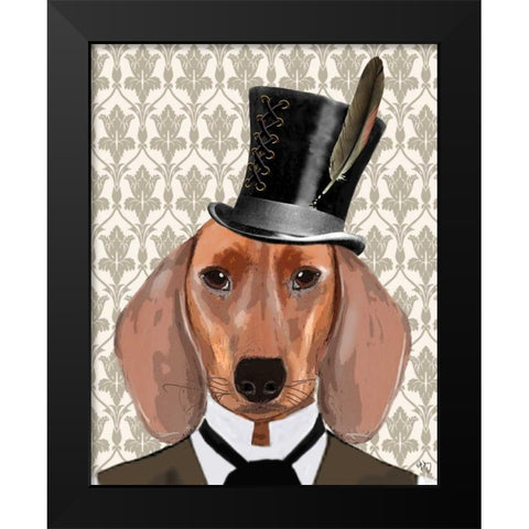 Dachshund Dog With Top Hat Black Modern Wood Framed Art Print by Fab Funky
