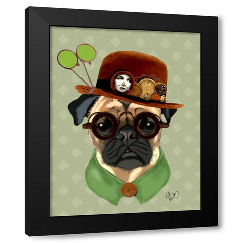 Pug With Steampunk Bowler Hat Black Modern Wood Framed Art Print by Fab Funky