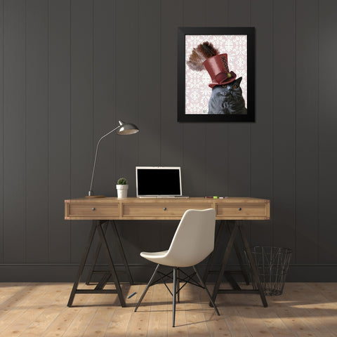 Grey Cat With Steampunk Top Hat Black Modern Wood Framed Art Print by Fab Funky