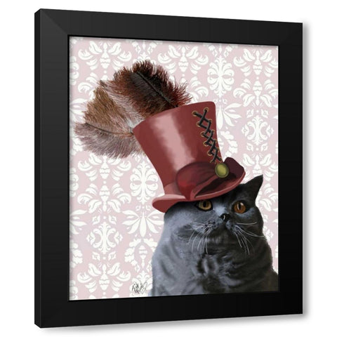 Grey Cat With Steampunk Top Hat Black Modern Wood Framed Art Print with Double Matting by Fab Funky