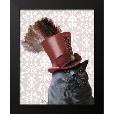 Grey Cat With Steampunk Top Hat Black Modern Wood Framed Art Print by Fab Funky