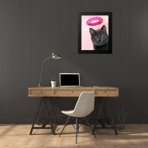 Black Cat With Pink Angel Halo Black Modern Wood Framed Art Print by Fab Funky