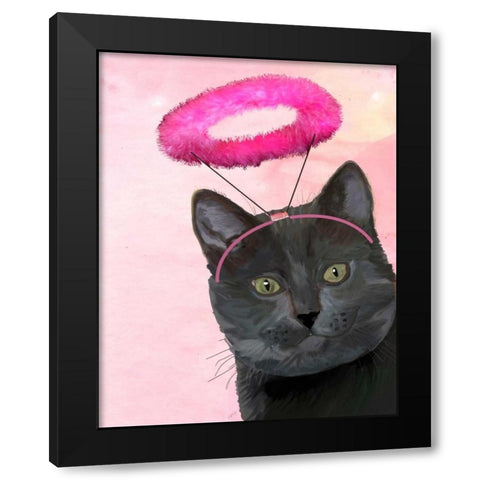 Black Cat With Pink Angel Halo Black Modern Wood Framed Art Print by Fab Funky
