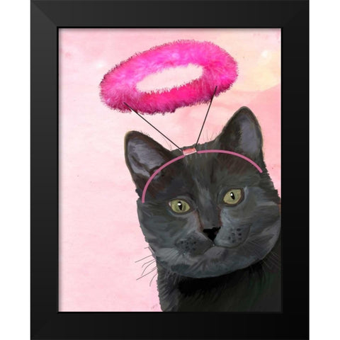 Black Cat With Pink Angel Halo Black Modern Wood Framed Art Print by Fab Funky