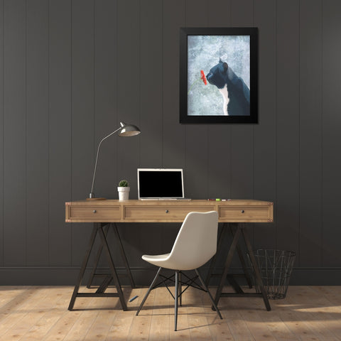 Black Cat Sniffing Flower Black Modern Wood Framed Art Print by Fab Funky