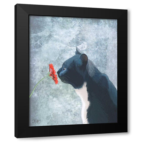 Black Cat Sniffing Flower Black Modern Wood Framed Art Print with Double Matting by Fab Funky