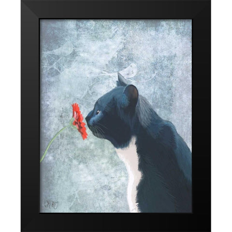 Black Cat Sniffing Flower Black Modern Wood Framed Art Print by Fab Funky