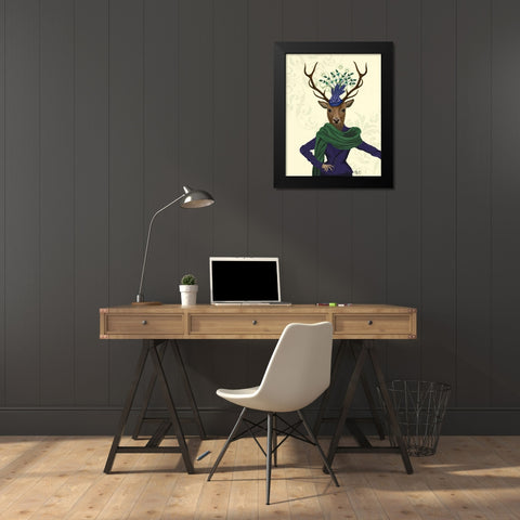 Deer and Fascinator Black Modern Wood Framed Art Print by Fab Funky