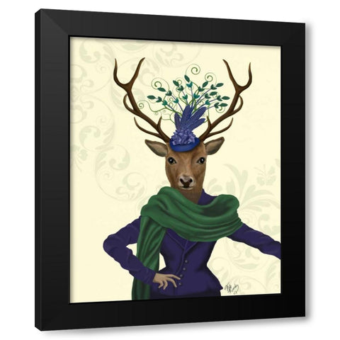 Deer and Fascinator Black Modern Wood Framed Art Print with Double Matting by Fab Funky