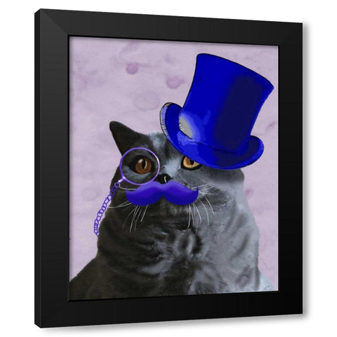 Grey Cat With Blue Top Hat and Moustache Black Modern Wood Framed Art Print with Double Matting by Fab Funky