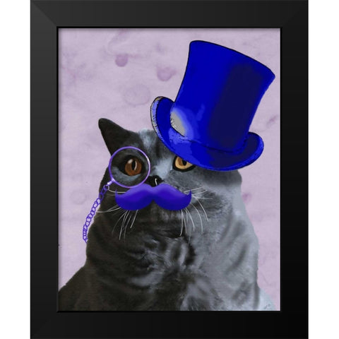 Grey Cat With Blue Top Hat and Moustache Black Modern Wood Framed Art Print by Fab Funky