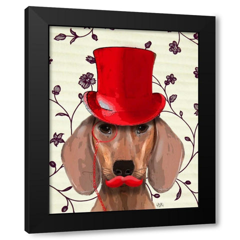 Dachshund With Red Top Hat Black Modern Wood Framed Art Print by Fab Funky