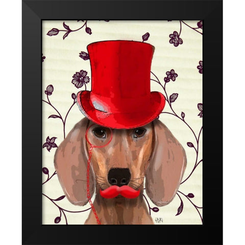 Dachshund With Red Top Hat Black Modern Wood Framed Art Print by Fab Funky