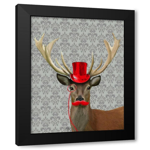 Deer With Red Hat and Moustache Black Modern Wood Framed Art Print by Fab Funky