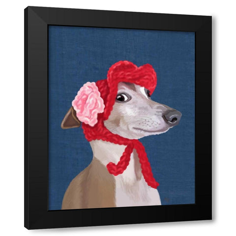 Greyhound with Red Woolly Hat Black Modern Wood Framed Art Print by Fab Funky