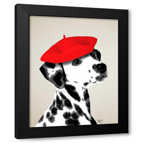Dalmatian With Red Beret Black Modern Wood Framed Art Print by Fab Funky