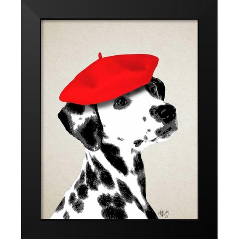 Dalmatian With Red Beret Black Modern Wood Framed Art Print by Fab Funky