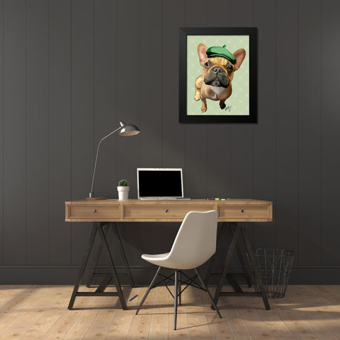 Brown French Bulldog with Green Hat Black Modern Wood Framed Art Print by Fab Funky