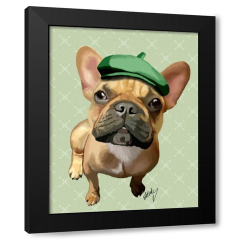 Brown French Bulldog with Green Hat Black Modern Wood Framed Art Print by Fab Funky