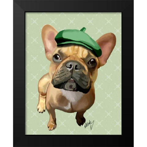 Brown French Bulldog with Green Hat Black Modern Wood Framed Art Print by Fab Funky