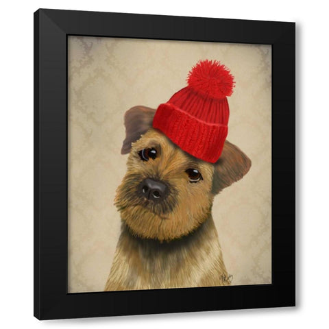 Border Terrier with Red Bobble Hat Black Modern Wood Framed Art Print by Fab Funky