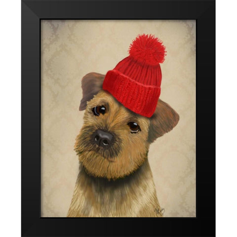 Border Terrier with Red Bobble Hat Black Modern Wood Framed Art Print by Fab Funky