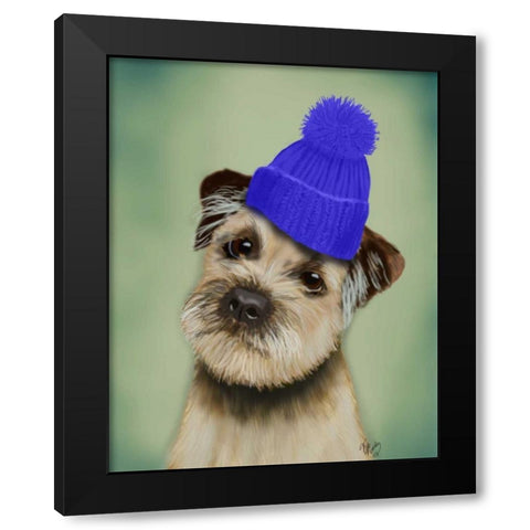 Border Terrier with Blue Bobble Hat Black Modern Wood Framed Art Print with Double Matting by Fab Funky