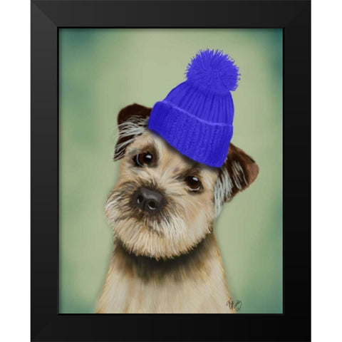 Border Terrier with Blue Bobble Hat Black Modern Wood Framed Art Print by Fab Funky