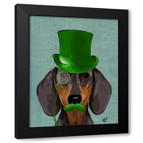Dachshund with Green Top Hat Black Tan Black Modern Wood Framed Art Print with Double Matting by Fab Funky