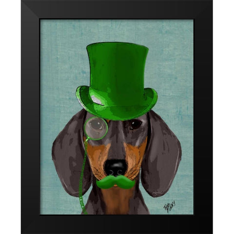 Dachshund with Green Top Hat Black Tan Black Modern Wood Framed Art Print by Fab Funky