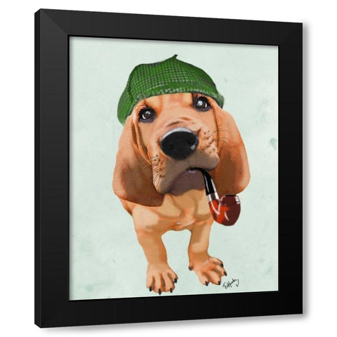 Bloodhound Sherlock Holmes Black Modern Wood Framed Art Print by Fab Funky