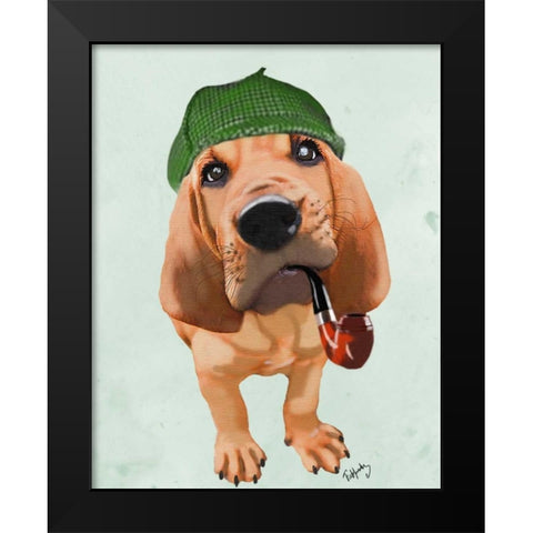 Bloodhound Sherlock Holmes Black Modern Wood Framed Art Print by Fab Funky