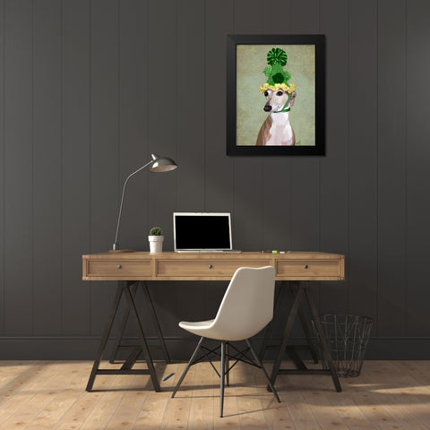 Greyhound in Green Knitted Hat Black Modern Wood Framed Art Print by Fab Funky