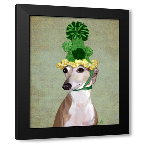 Greyhound in Green Knitted Hat Black Modern Wood Framed Art Print with Double Matting by Fab Funky
