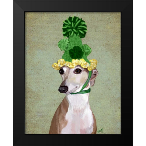Greyhound in Green Knitted Hat Black Modern Wood Framed Art Print by Fab Funky