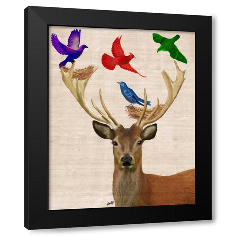 Deer and Birds Nests Black Modern Wood Framed Art Print by Fab Funky