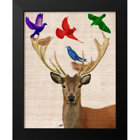 Deer and Birds Nests Black Modern Wood Framed Art Print by Fab Funky