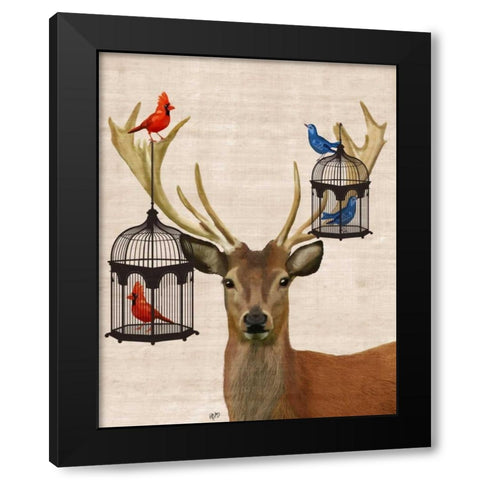 Deer And Bird Cages Black Modern Wood Framed Art Print by Fab Funky