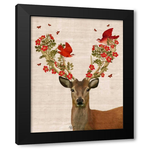 Deer and Love Birds Black Modern Wood Framed Art Print by Fab Funky