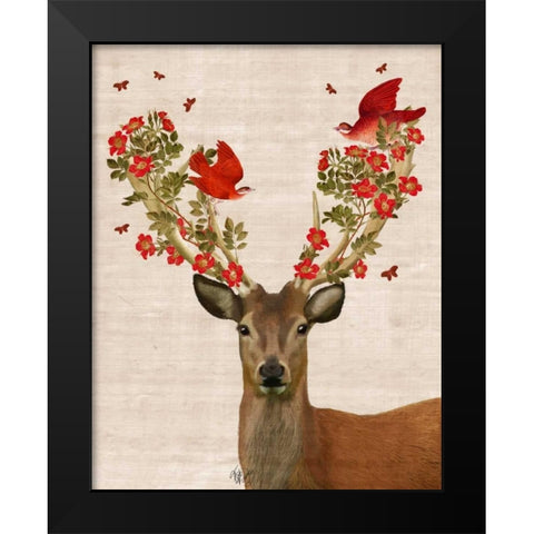 Deer and Love Birds Black Modern Wood Framed Art Print by Fab Funky