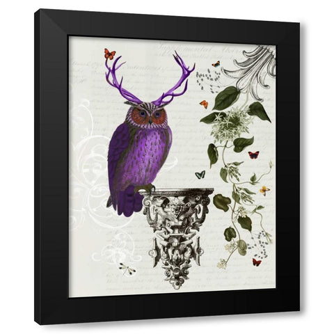 Purple Owl With Antlers Black Modern Wood Framed Art Print with Double Matting by Fab Funky
