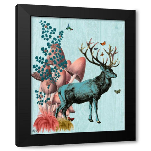 Turquoise Deer in Mushroom Forest Black Modern Wood Framed Art Print with Double Matting by Fab Funky
