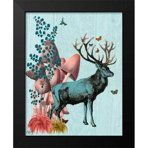 Turquoise Deer in Mushroom Forest Black Modern Wood Framed Art Print by Fab Funky
