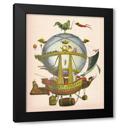 Minerve Hot Air Balloon Black Modern Wood Framed Art Print by Fab Funky