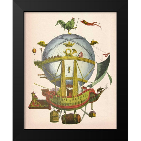 Minerve Hot Air Balloon Black Modern Wood Framed Art Print by Fab Funky